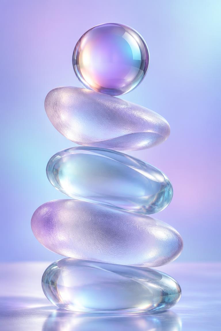 Stacked glass stones balanced in soft light